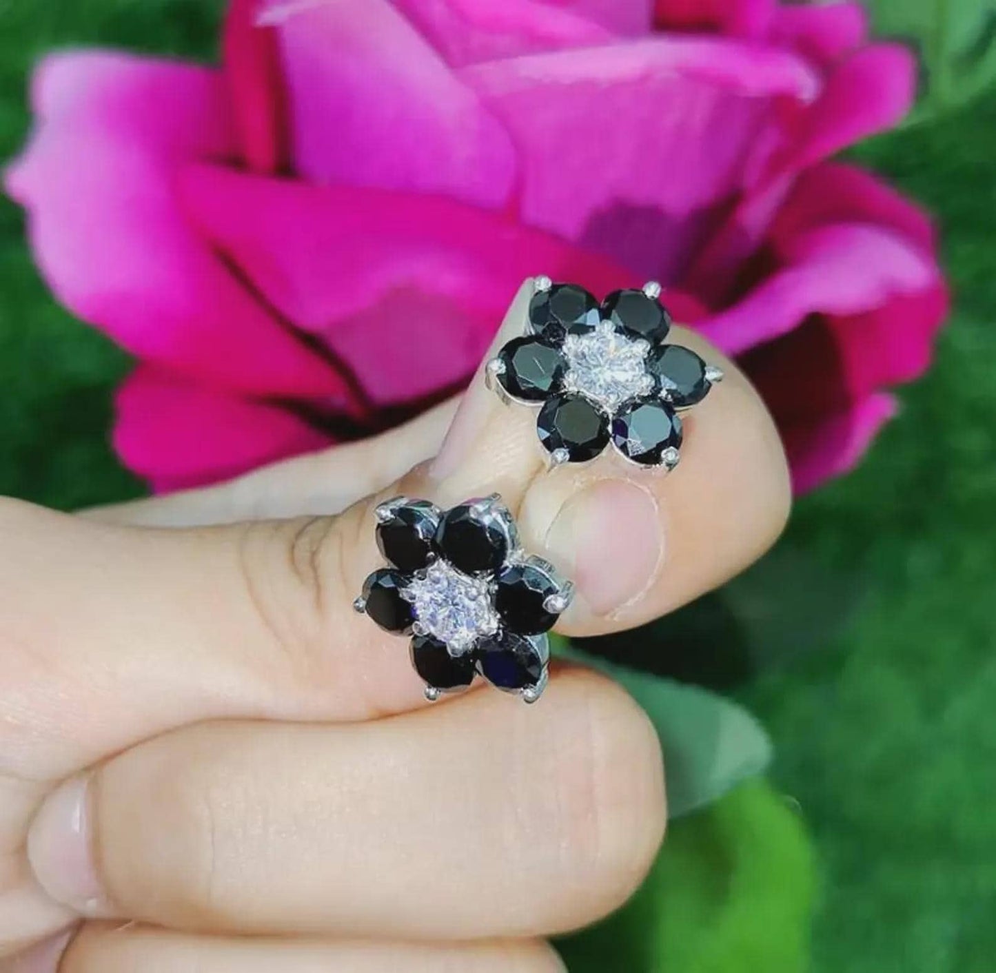 1.20Ct Round Cut Simulated Black Diamond Flower Earrings 14K White Gold Plated 925 Sterling Silver, Push back Earrings, Gift For Her