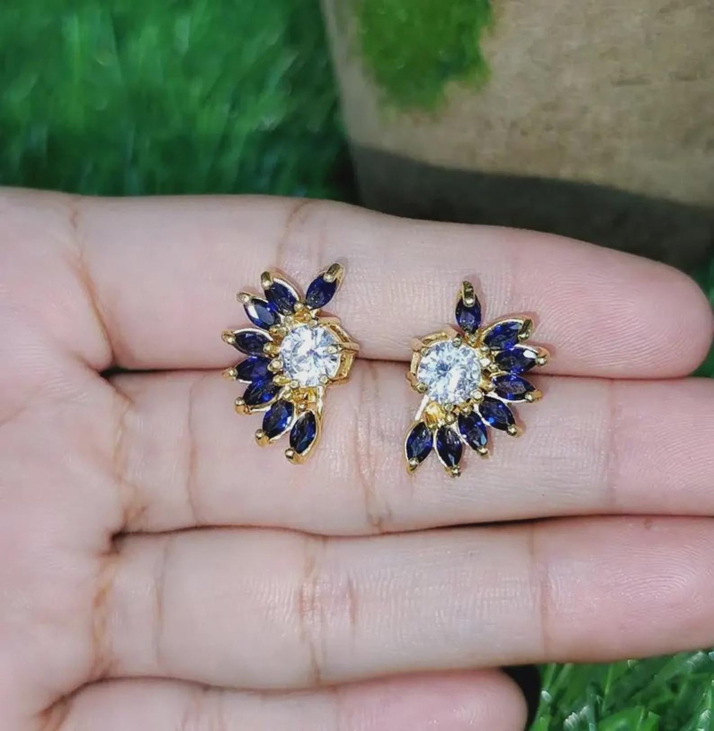 1Ct Marquise Cut Sapphire Stud Earrings Blue Sapphire Flower Stud Women's Earrings 14K Yellow Gold Plated 925 Silver Push Back Earrings