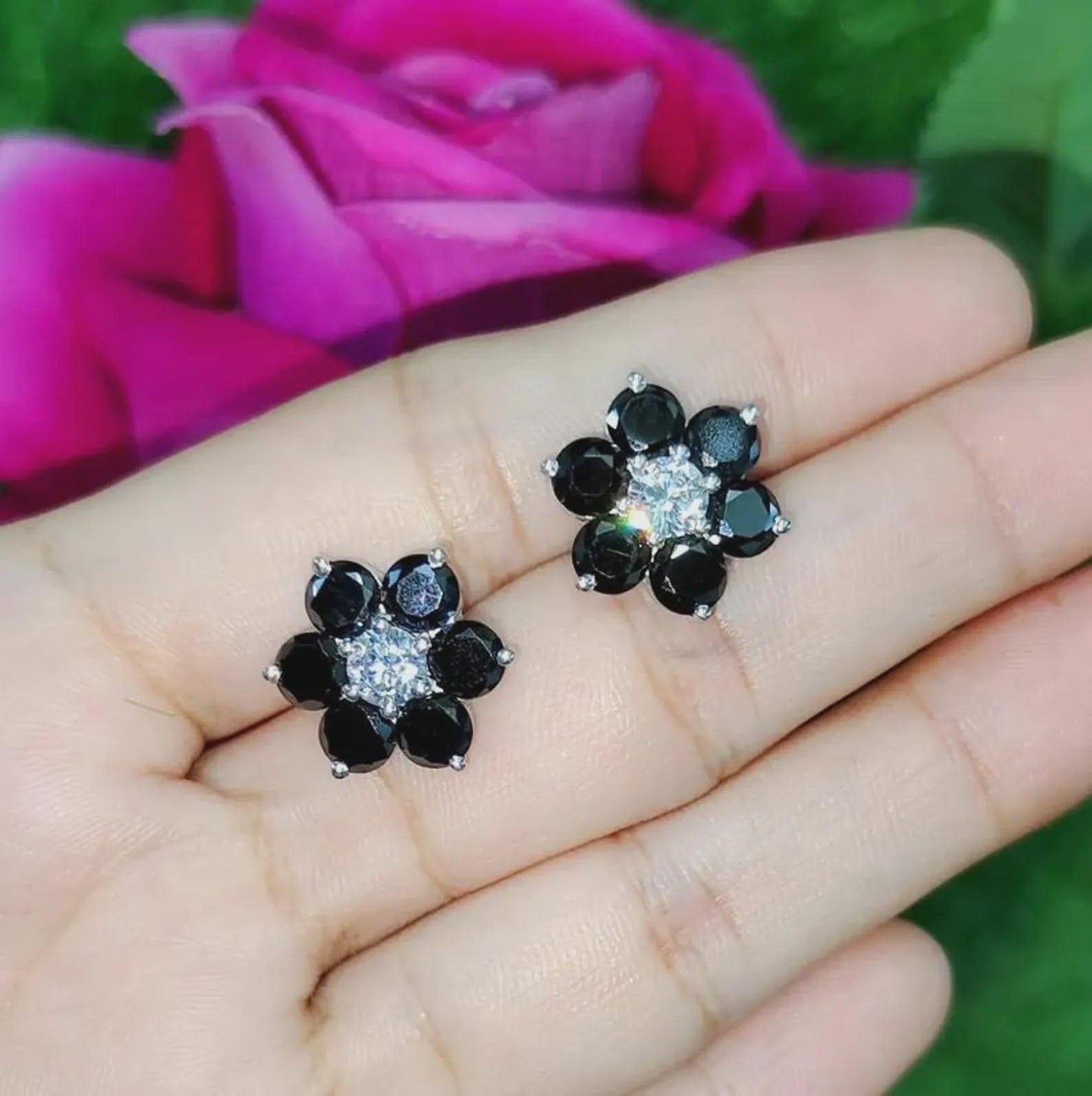 1.20Ct Round Cut Simulated Black Diamond Flower Earrings 14K White Gold Plated 925 Sterling Silver, Push back Earrings, Gift For Her