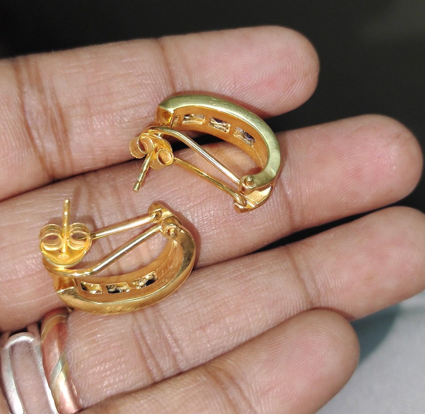 3Ct Princess Brilliant cut Blue Sapphire VVS1/D Diamond 14K Yellow Gold Finish Two Dangle Circle Hoop Huggie earrings Gift For her