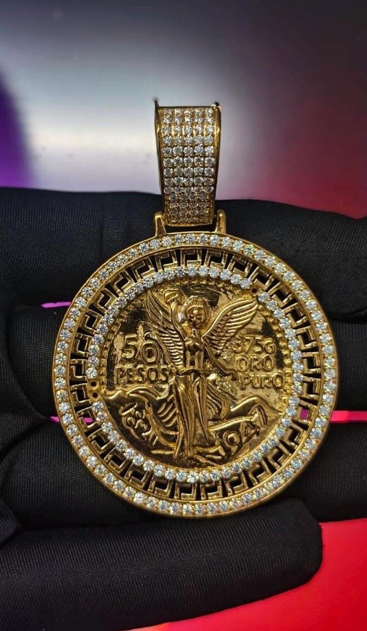 2Ct Round Cut Simulated Diamond Pendant 50 Pesos Centenario 14K Yellow Gold Plated - 925 Silver