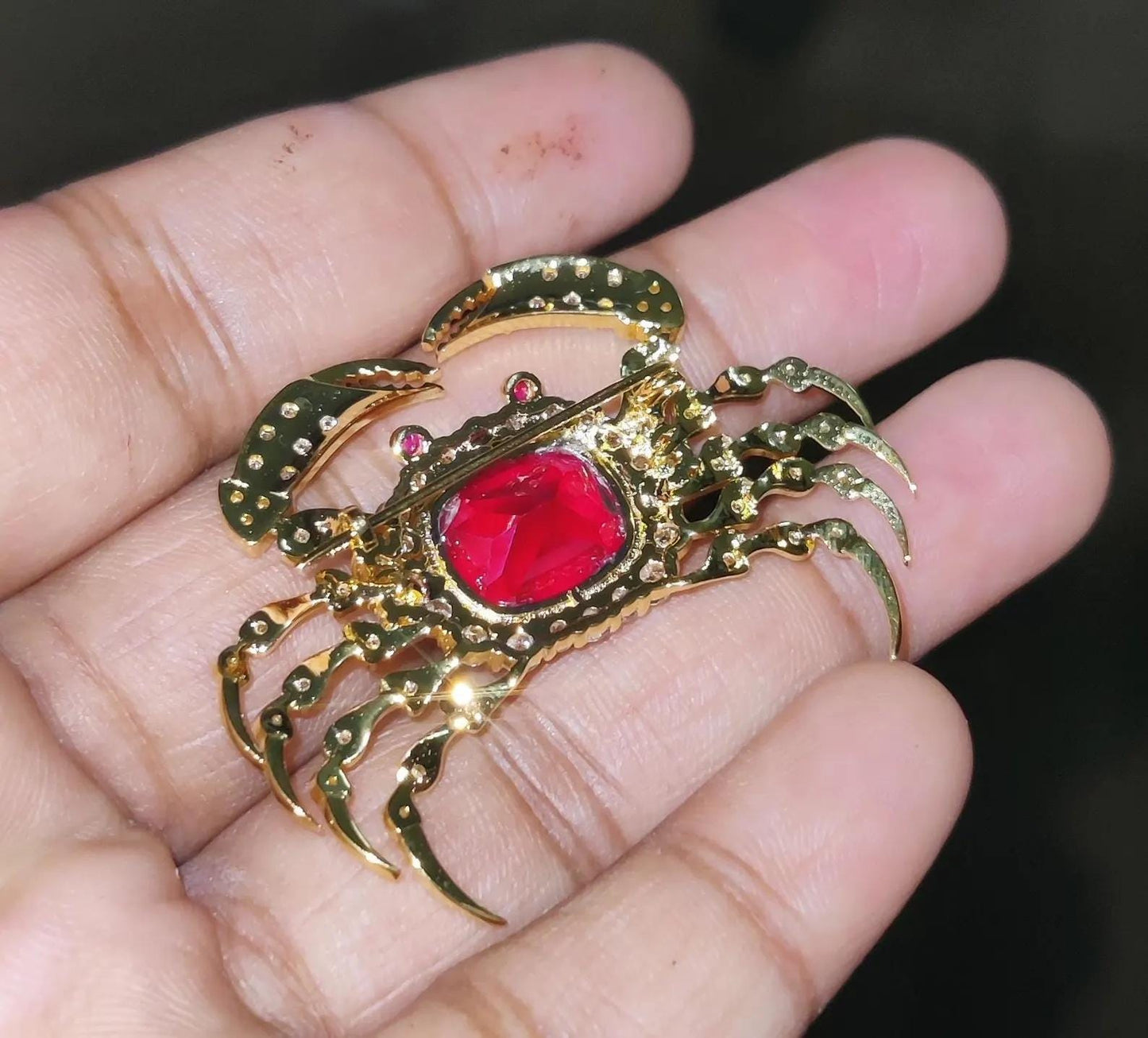 2Ct Diamond Brooch Pin, Crab Shape Brooch, Lab-Created Red Ruby Diamond 14K Yellow Gold Plated 925 Sterling Silver, Special Occasion wear