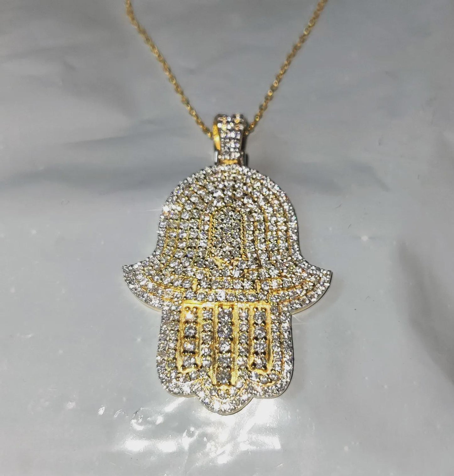 2Ct Round Cut Simulated White Diamond Hamsa Pendant  14K Yellow Gold Finish Free Chain 925 Sterling Silver