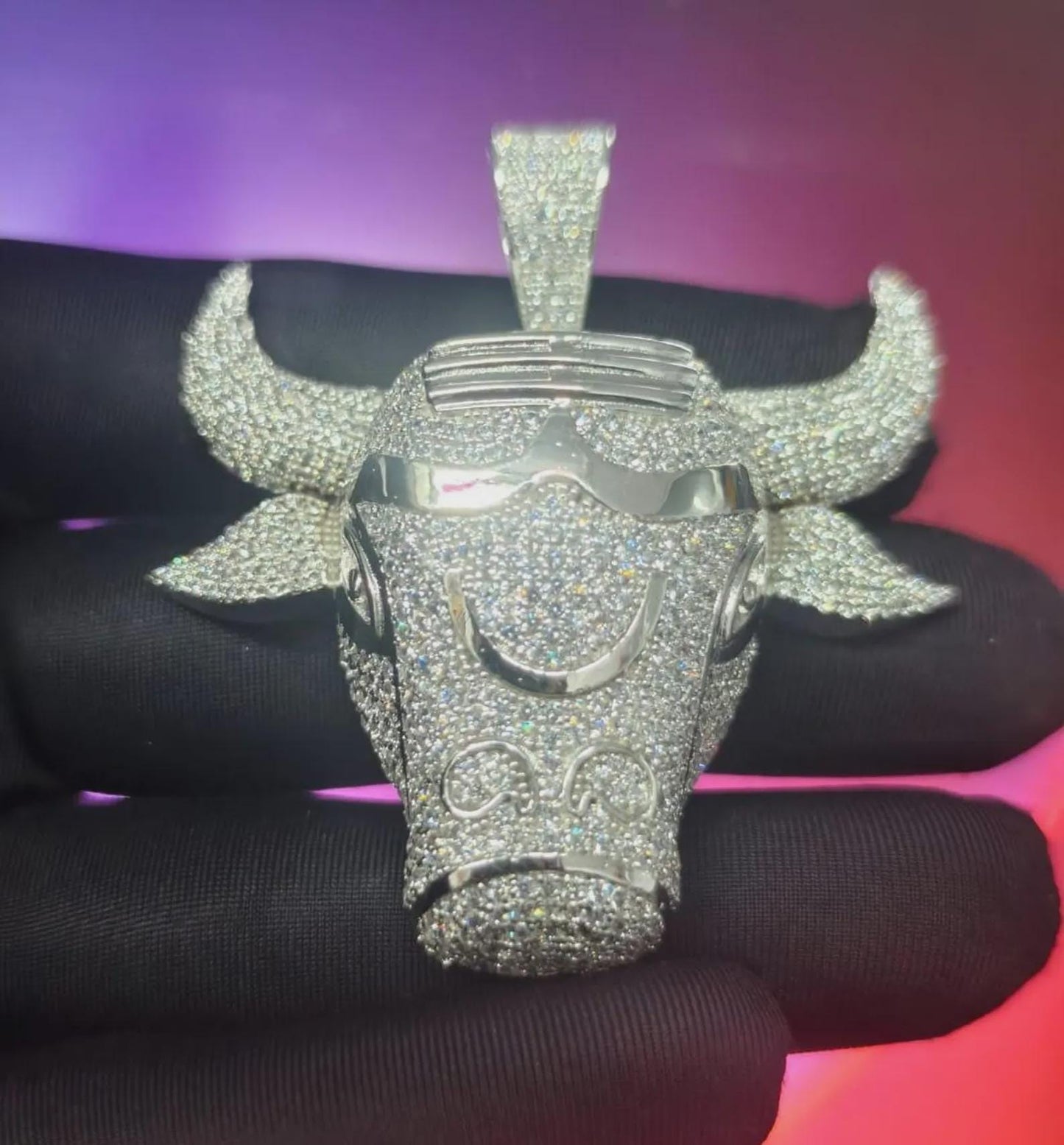 2Ct Round Cut Simulated White Diamond Bull Head Pendant 14K Yellow Gold Plated Free Chain 18" 925 Silver, Custom Hip Hop Animal Pendant