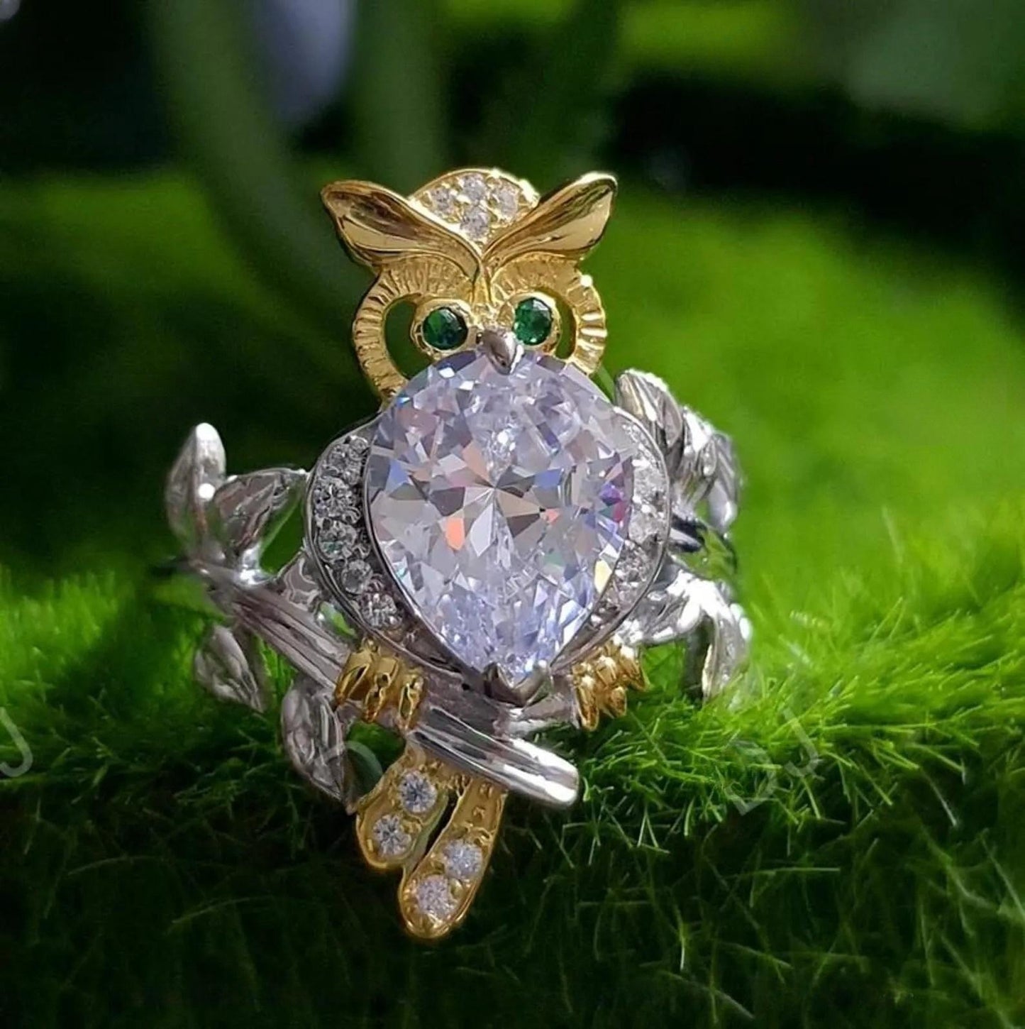 2Ct Heart Cut Owl Shape Ring Simulated Green Emerald 14K Two Tone Gold Plated 925 Sterling Silver, Anniversary Ring, For Birthday Gift Ring