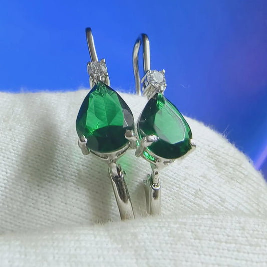 2Ct Pear Cut Simulated Green Emerald Dangle Earring 14K White Gold Finish 925 Sterling Silver Lever back Special Occasion Birthday Gift