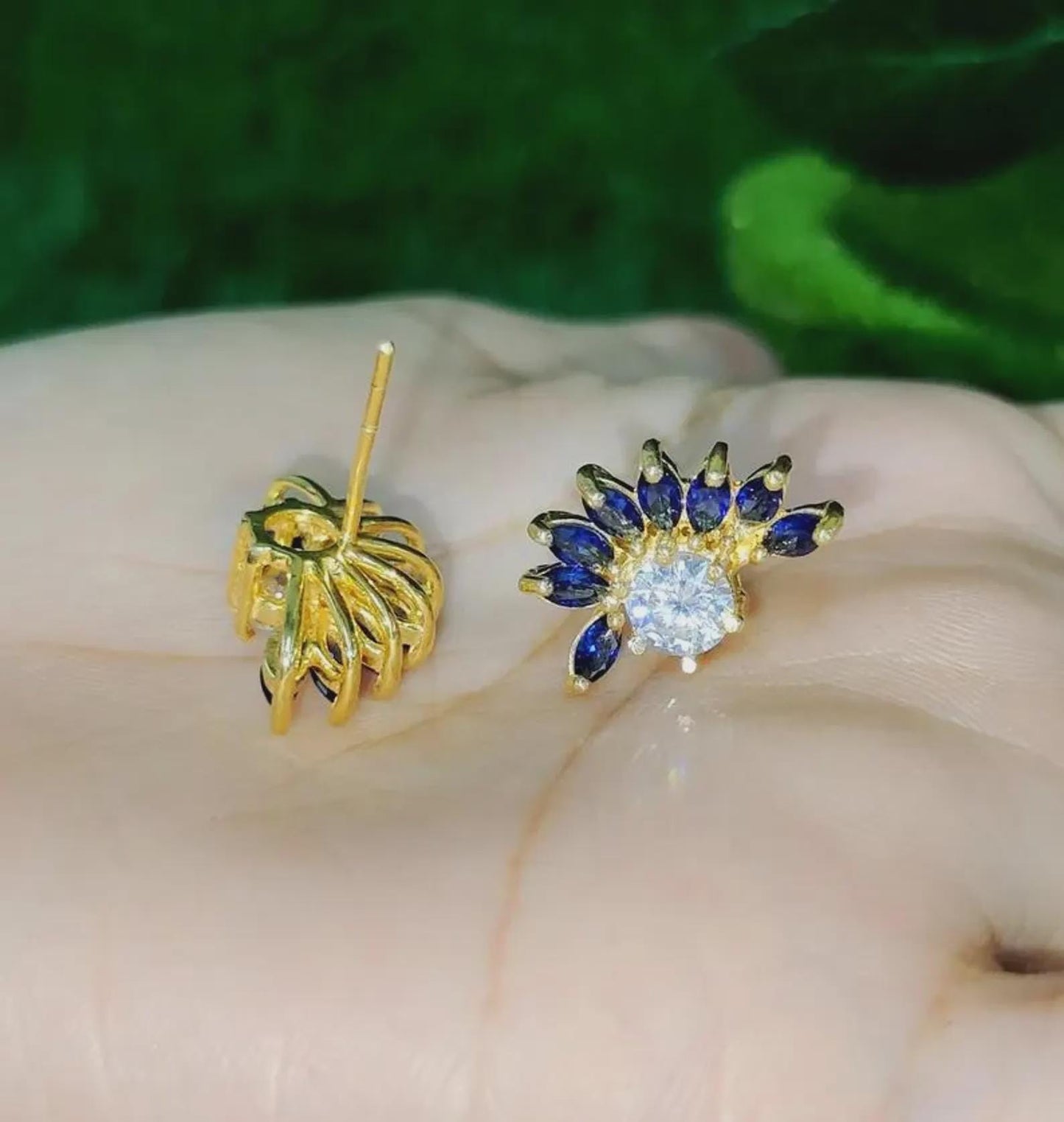 1Ct Marquise Cut Sapphire Stud Earrings Blue Sapphire Flower Stud Women's Earrings 14K Yellow Gold Plated 925 Silver Push Back Earrings