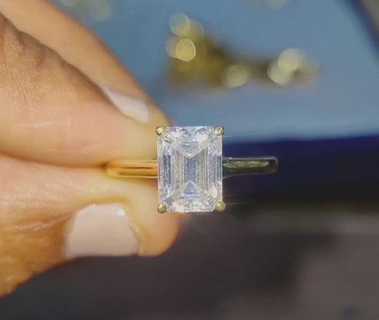 2Ct Diamond Emerald Cut Anniversary Ring Simulated Diamond Anniversary 14K Yellow Gold Finish Silver Solitaire Engagement Ring Birthday Gift