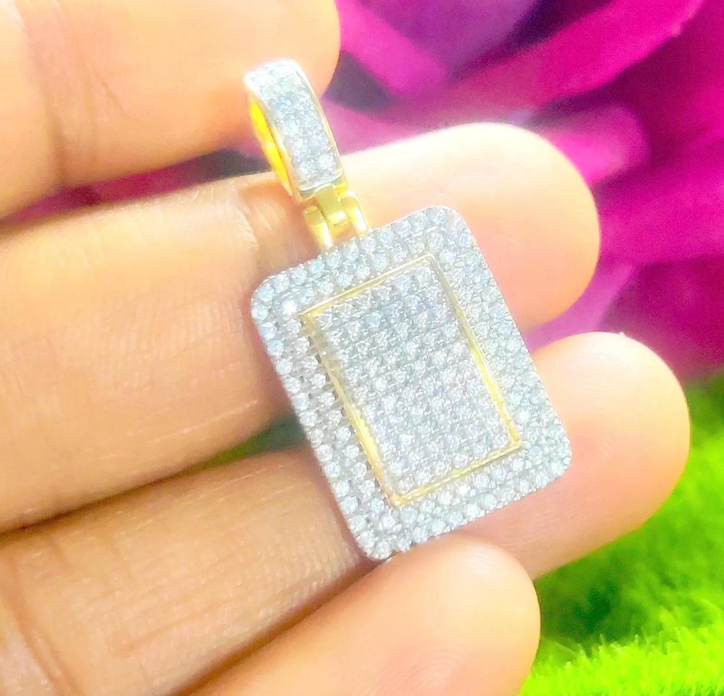 2Ct Round Cut Simulated White Topaz- Diamond Hip Hop Dog tag Pendant 14K Two-Tone Gold Plated 925 Sterling Silver