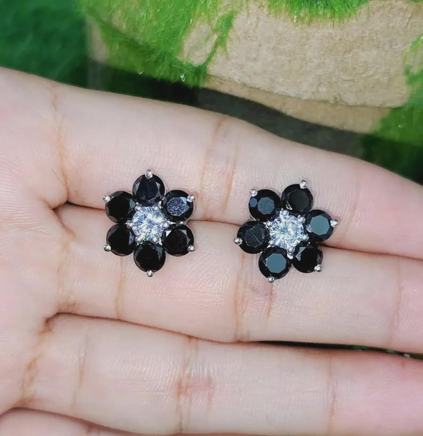 1.20Ct Round Cut Simulated Black Diamond Flower Earrings 14K White Gold Plated 925 Sterling Silver, Push back Earrings, Gift For Her