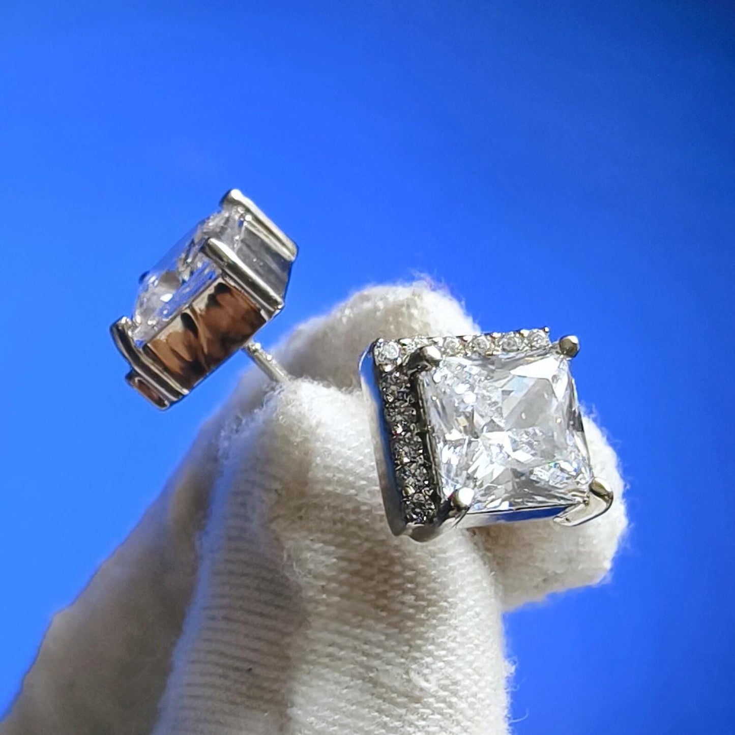 4Ct Princess Cut Moissanite Halo Stud Earrings 14K White Gold Finish 925 Silver Stud Earrings