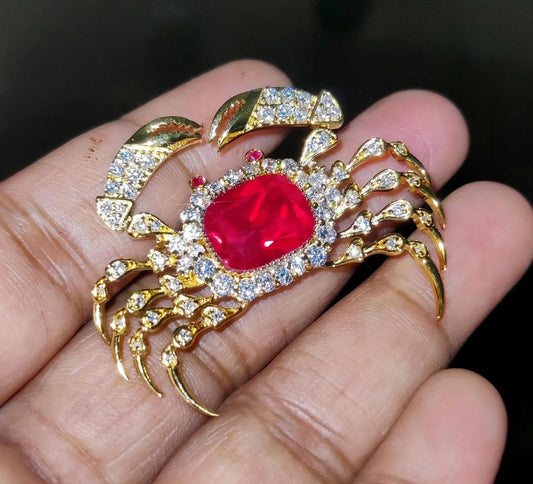 2Ct Diamond Brooch Pin, Crab Shape Brooch, Lab-Created Red Ruby Diamond 14K Yellow Gold Plated 925 Sterling Silver, Special Occasion wear