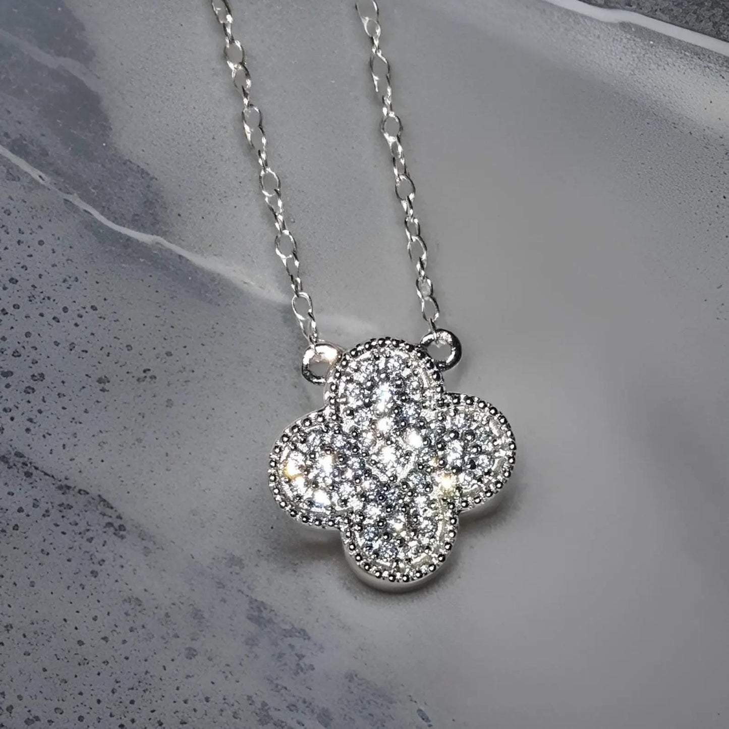 1.50Ct Round Cut Simulated Diamond Flower Clover Pendant 14K White Gold Plated 925 Silver Prong Setting Pendant, Anniversary Gift Pendant