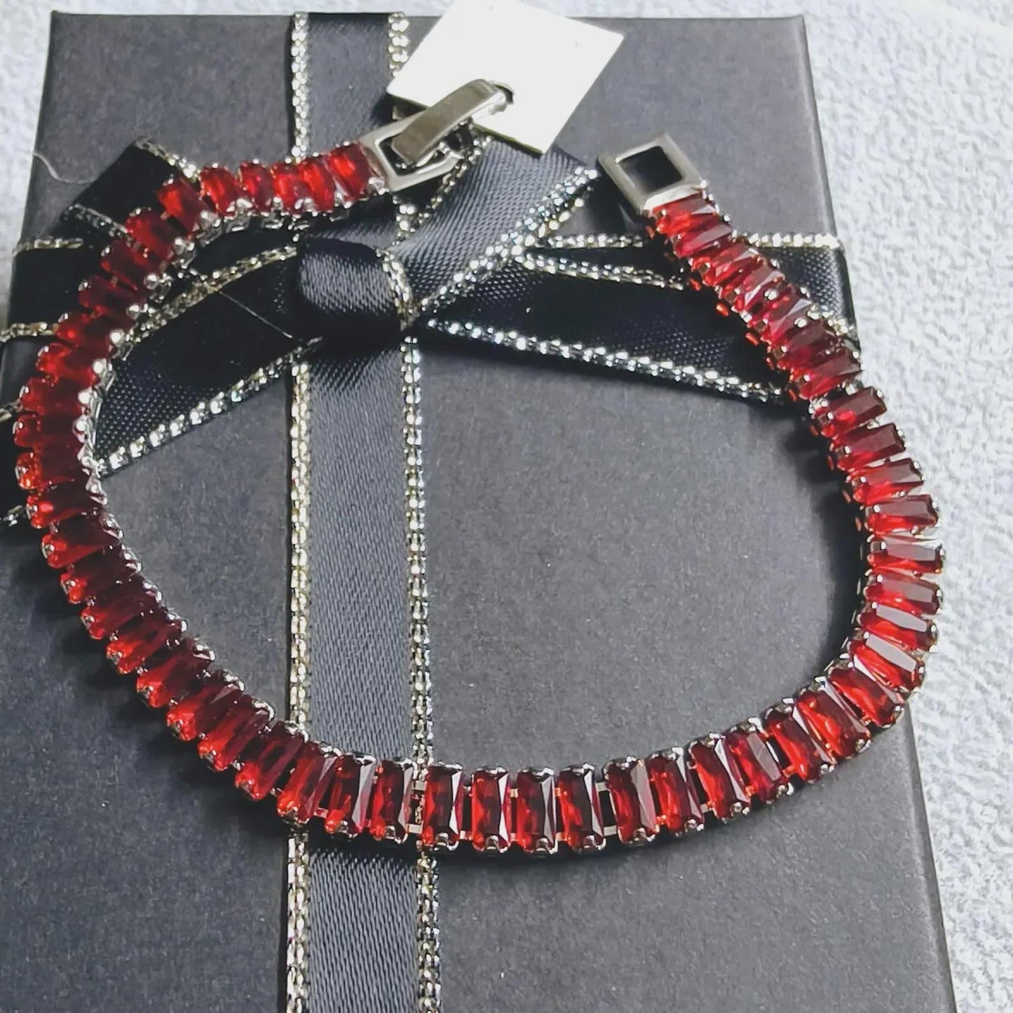 12Ct Radiant Baguette Cut Red Garnet Lab-Created Garnet Tennis Bracelet 14K White Gold Plated Diamond Bracelet Size 7.5" Inch 925 Silver