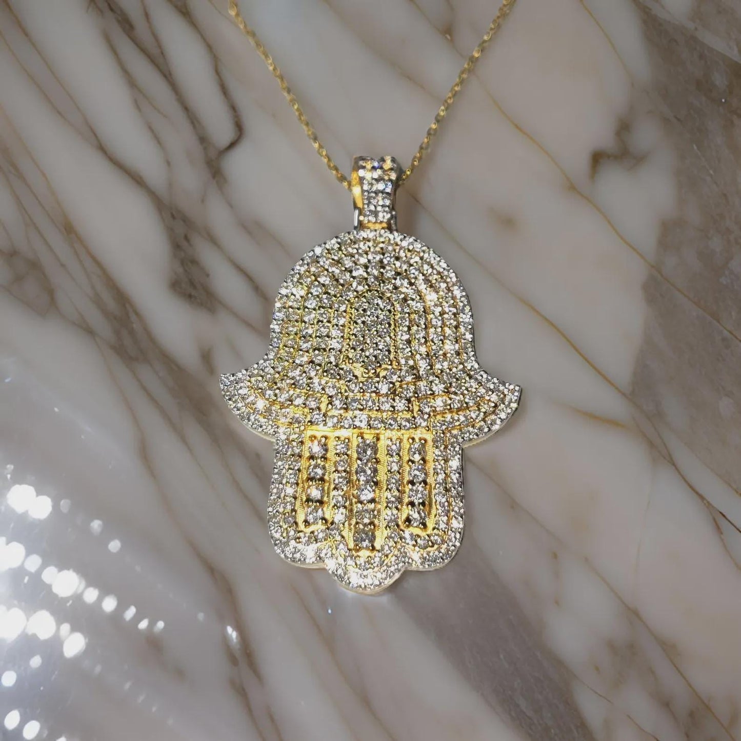 2Ct Round Cut Simulated White Diamond Hamsa Pendant  14K Yellow Gold Finish Free Chain 925 Sterling Silver