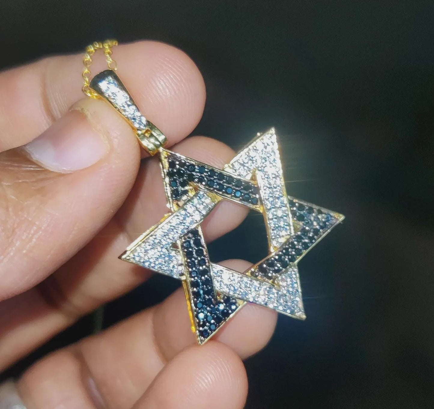 Round Cut Simulated Black and White Diamond Star of David Pendant 14K Yellow Gold Plated Pendant Gift