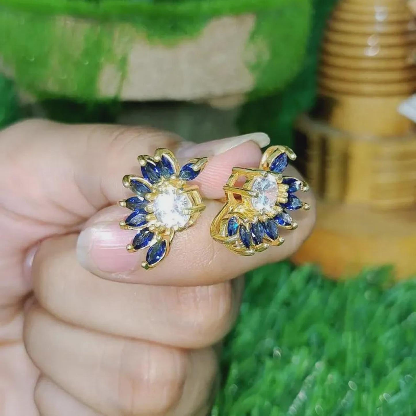 1Ct Marquise Cut Sapphire Stud Earrings Blue Sapphire Flower Stud Women's Earrings 14K Yellow Gold Plated 925 Silver Push Back Earrings