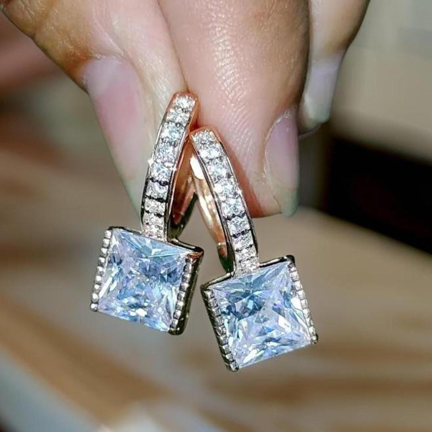 2Ct Princess Cut Simulated Diamond Drop Dangle Women's Earrings 14K Rose Gold Plated 925 Sterling Silver, Gift For Birthday Wear