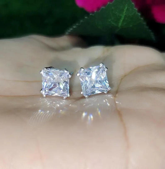 8mm Princess Cut Prong Stud Earrings Simulated Diamond Earrings 14K White Gold Finish 925 Silver Prong Setting Earring, Gift For Anniversary
