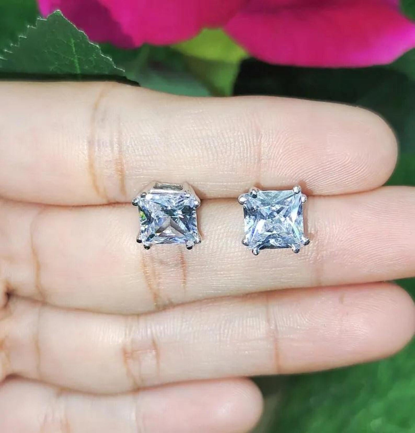8mm Princess Cut Prong Stud Earrings Simulated Diamond Earrings 14K White Gold Finish 925 Silver Prong Setting Earring, Gift For Anniversary