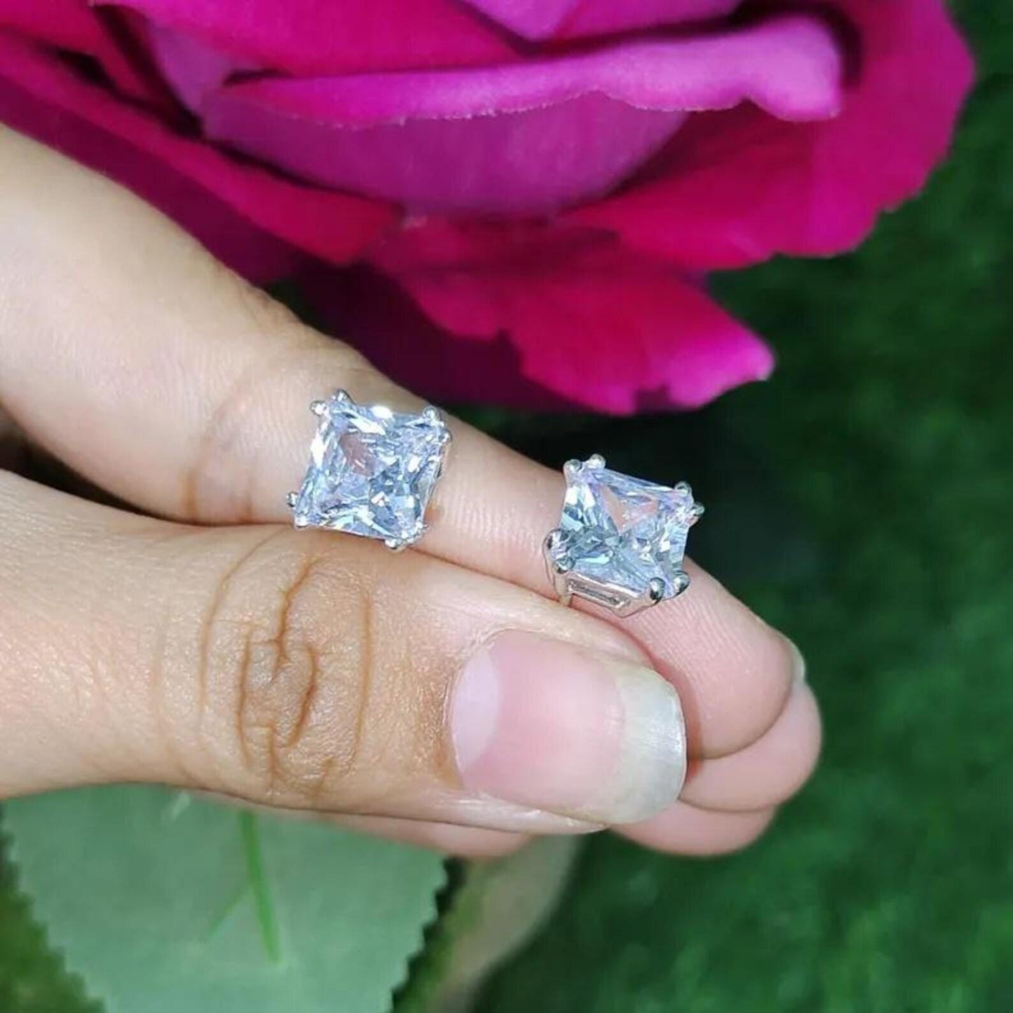 8mm Princess Cut Prong Stud Earrings Simulated Diamond Earrings 14K White Gold Finish 925 Silver Prong Setting Earring, Gift For Anniversary