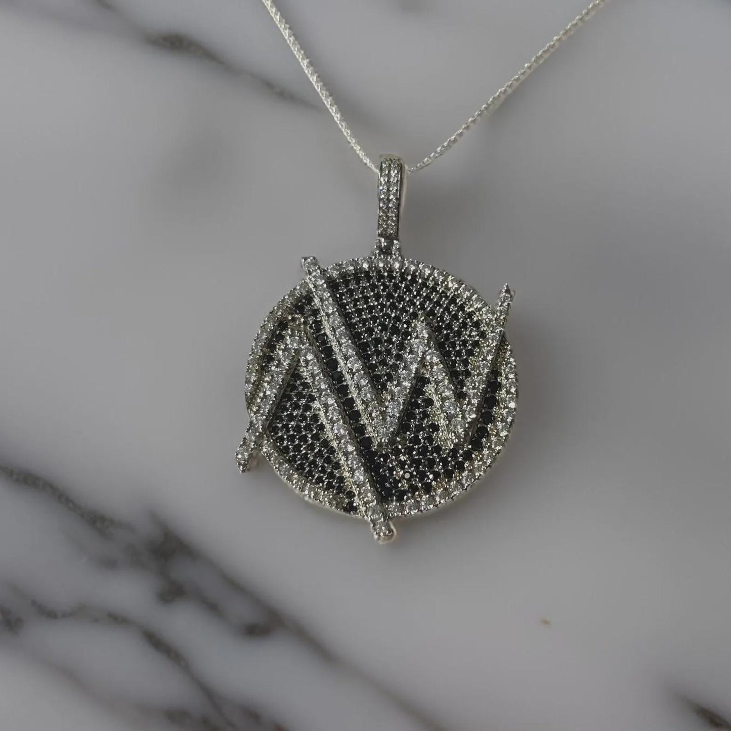 4Ct Diamond Round Cut Lab-Created Black Diamond Cluster AW Circle Pendant 14K White Gold Finish Hip Hop Alphabet Circle Diamond Pendant