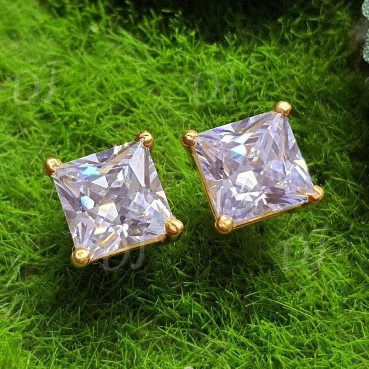 8mm Princess Cut Prong Stud Earrings Simulated Diamond Earrings 14K Yellow Gold Finish 925 Silver Prong Setting Earring,Gift For Anniversary