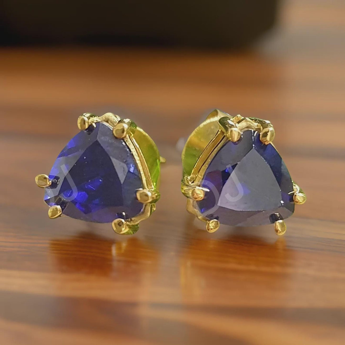 2Ct Trillion Cut Sapphire Stud Blue Sapphire Diamond 14K Yellow Gold Finish Halo Stud Earrings 925 Sterling Silver Gift For Birthday.