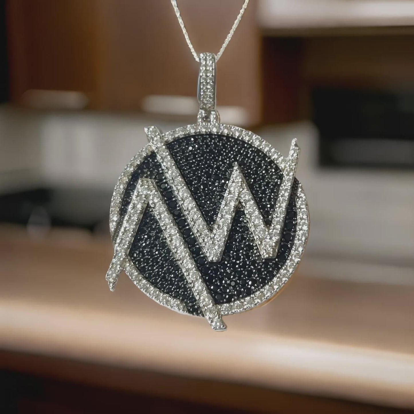 4Ct Diamond Round Cut Lab-Created Black Diamond Cluster AW Circle Pendant 14K White Gold Finish Hip Hop Alphabet Circle Diamond Pendant