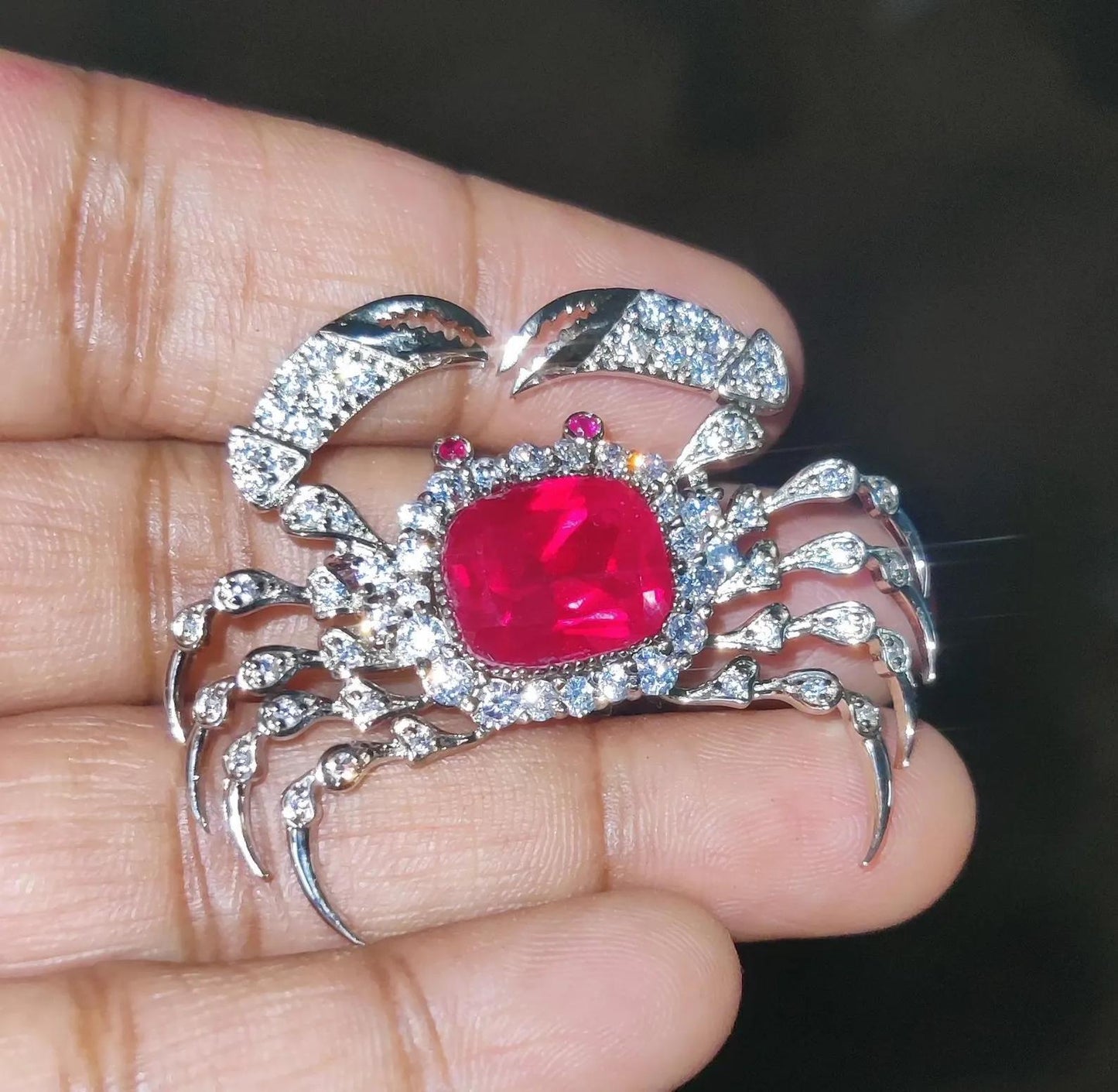 2Ct Diamond Brooch Pin, Crab Shape Brooch, Lab-Created Red Ruby Diamond 14K White Gold Plated 925 Sterling Silver, Special Occasion wear