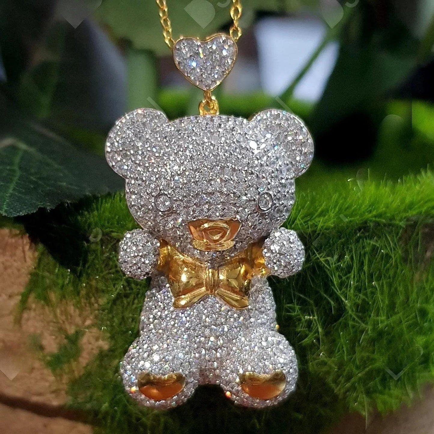 3Ct Designer Teddy Bear Lab Created Diamond 925 Sterling Silver Charm Pendant, Beautiful Teddy Bear 14k Yellow Gold Plated Charm Pendant,