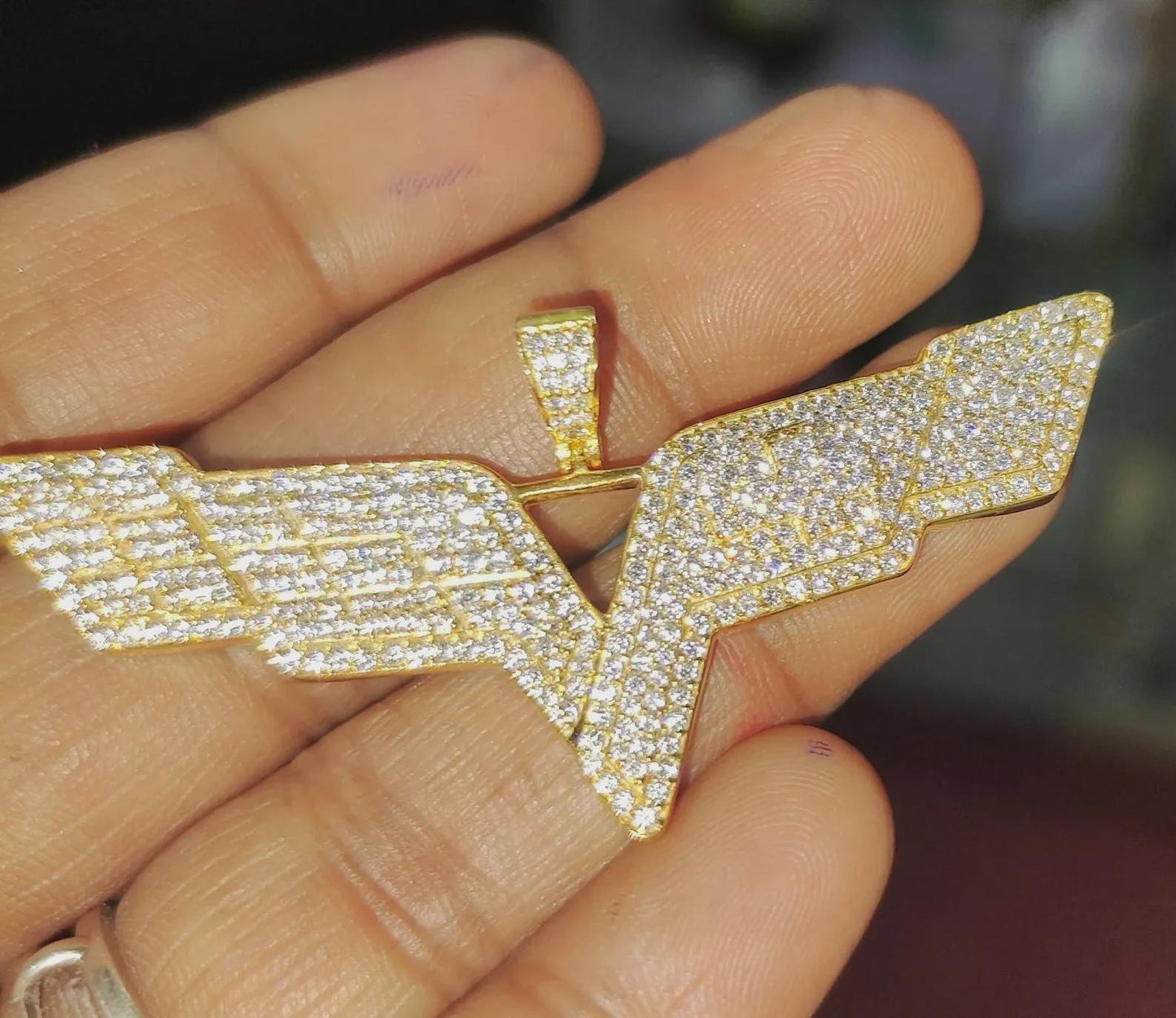 1Ct Diamond Lab-Created Wing Hip Hop Pendant Necklace Round Cut 14K Yellow Gold Plated 925 Sterling Silver V Wing Shape Pendant