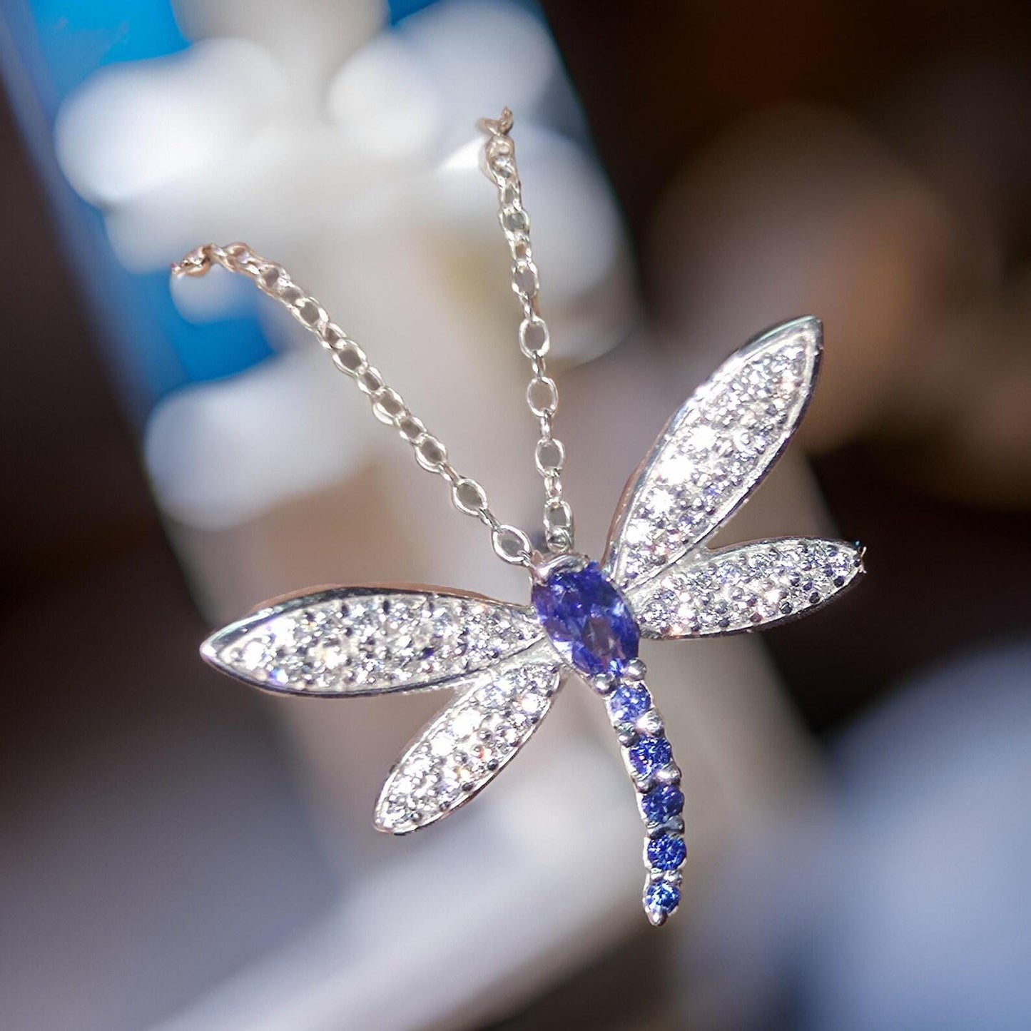 2Ct Oval Cut Lab-Created Blue Sapphire & Diamond Dragonfly Pendant 14K White Gold Plated Sapphire Pendant Women's Dragonfly Pendant