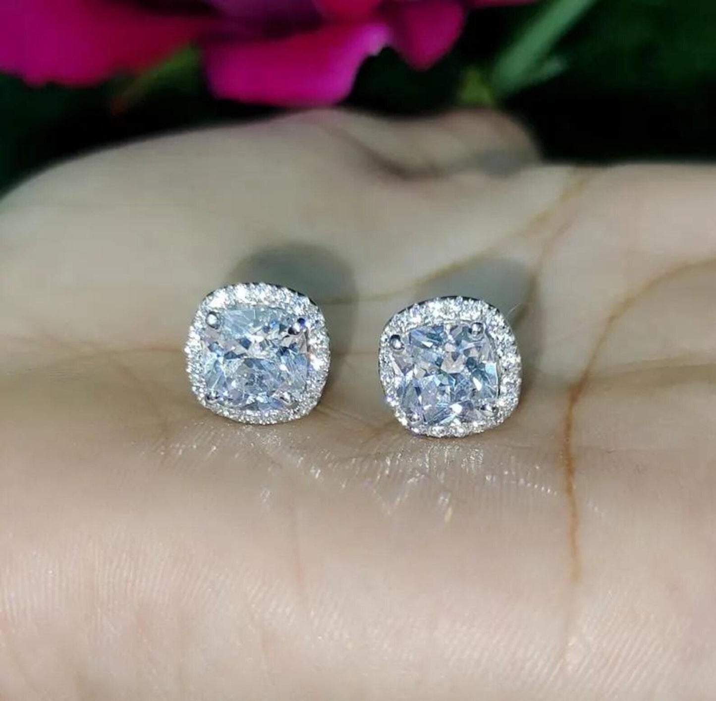 2Ct Cushion Cut Solitaire Prong Stud Earrings Simulated Diamond Earrings 14K White Gold Finish 925 Silver Stud Earring, Gift For Anniversary