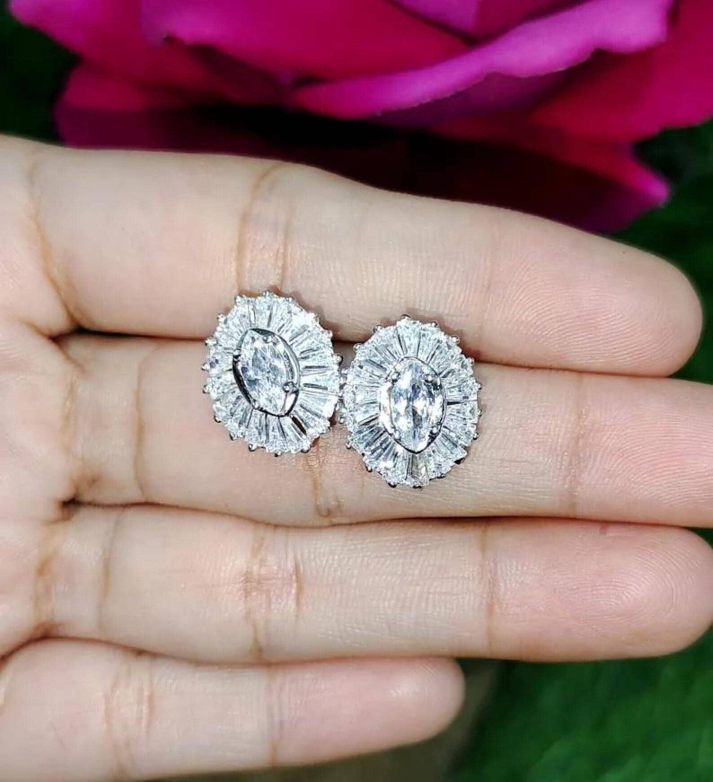 3Ct Diamond Prong Stud Earrings Marquise & Baguette Cut Simulated Diamond Earrings 14K White Gold Finish 925 Silver Gift For Birthday Wear