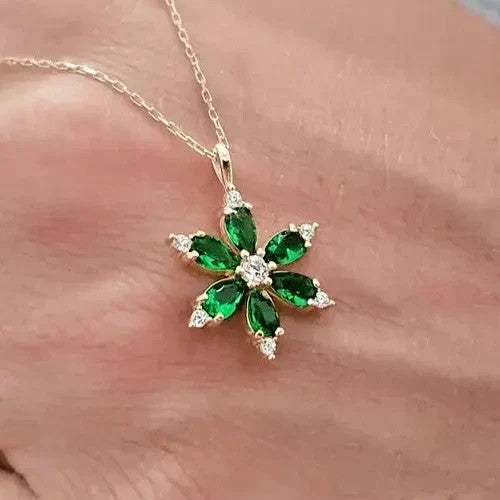 2Ct Pear Cut Lab Created Emerald Diamond Flower Pendant 14K Rose Gold Plated