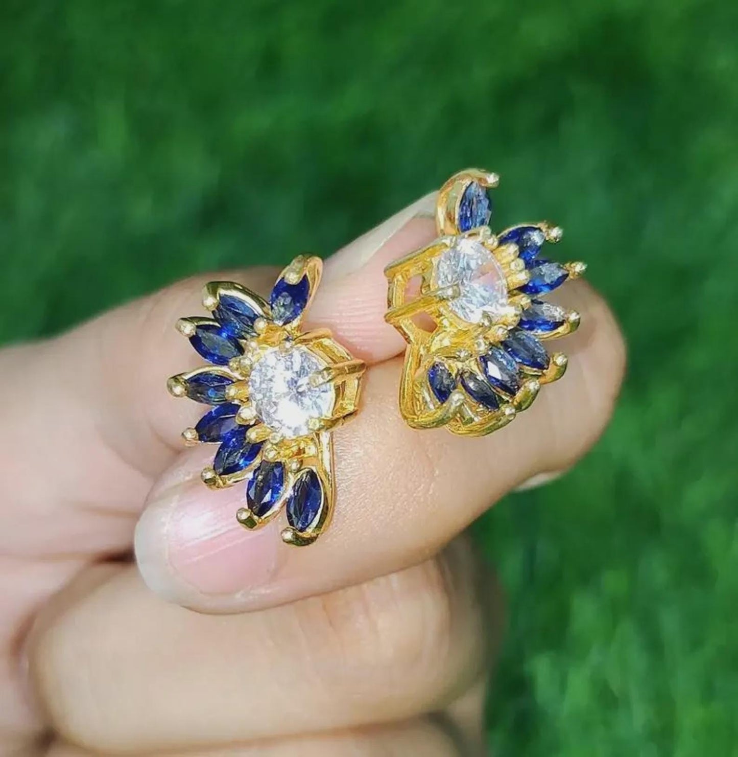 1Ct Marquise Cut Sapphire Stud Earrings Blue Sapphire Flower Stud Women's Earrings 14K Yellow Gold Plated 925 Silver Push Back Earrings