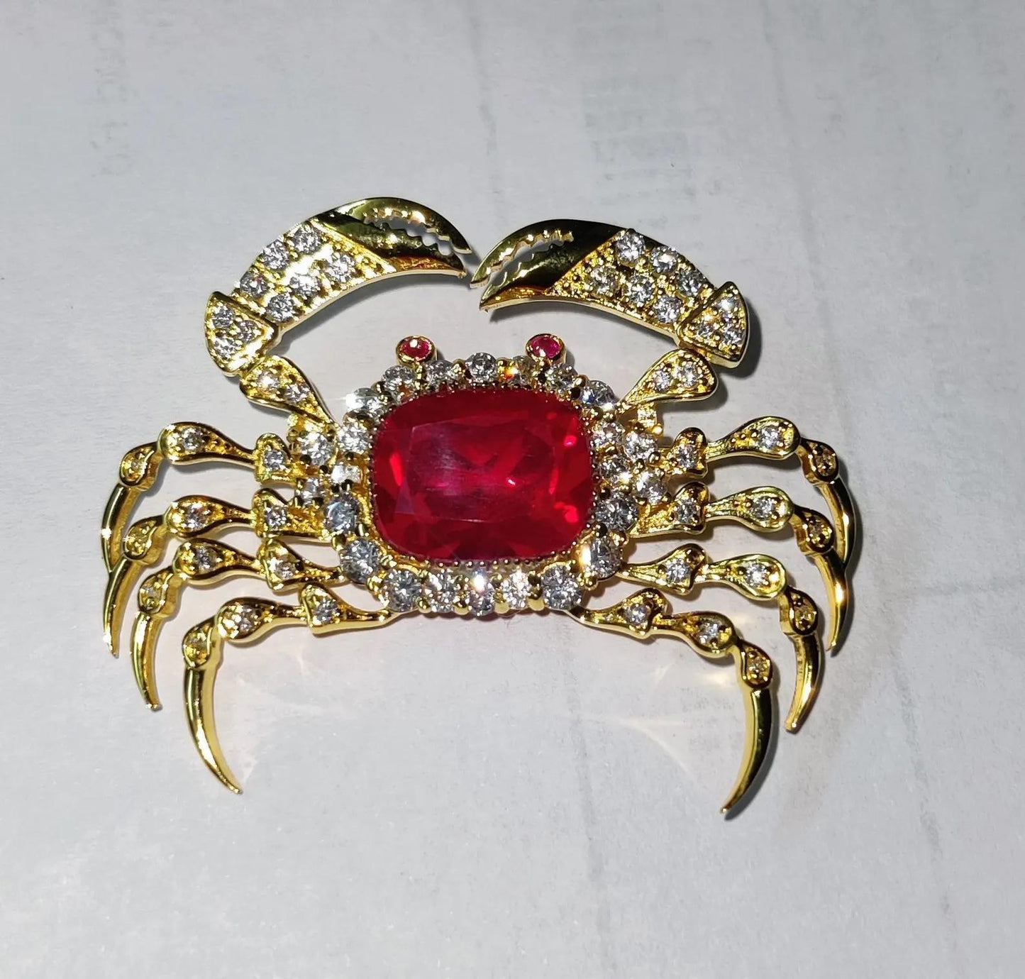 2Ct Diamond Brooch Pin, Crab Shape Brooch, Lab-Created Red Ruby Diamond 14K Yellow Gold Plated 925 Sterling Silver, Special Occasion wear