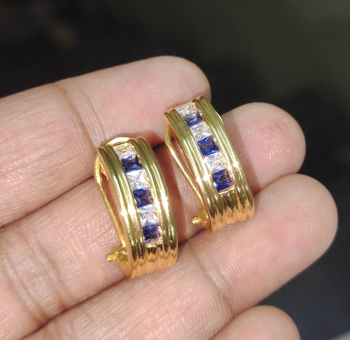 3Ct Princess Brilliant cut Blue Sapphire VVS1/D Diamond 14K Yellow Gold Finish Two Dangle Circle Hoop Huggie earrings Gift For her