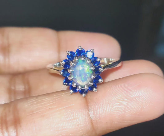 2Ct Oval Cut Fire Opal and Blue Sapphire Halo Engagement Wedding Ring 14K White Gold Finish Opal Ring Halo Fire Opal Ring