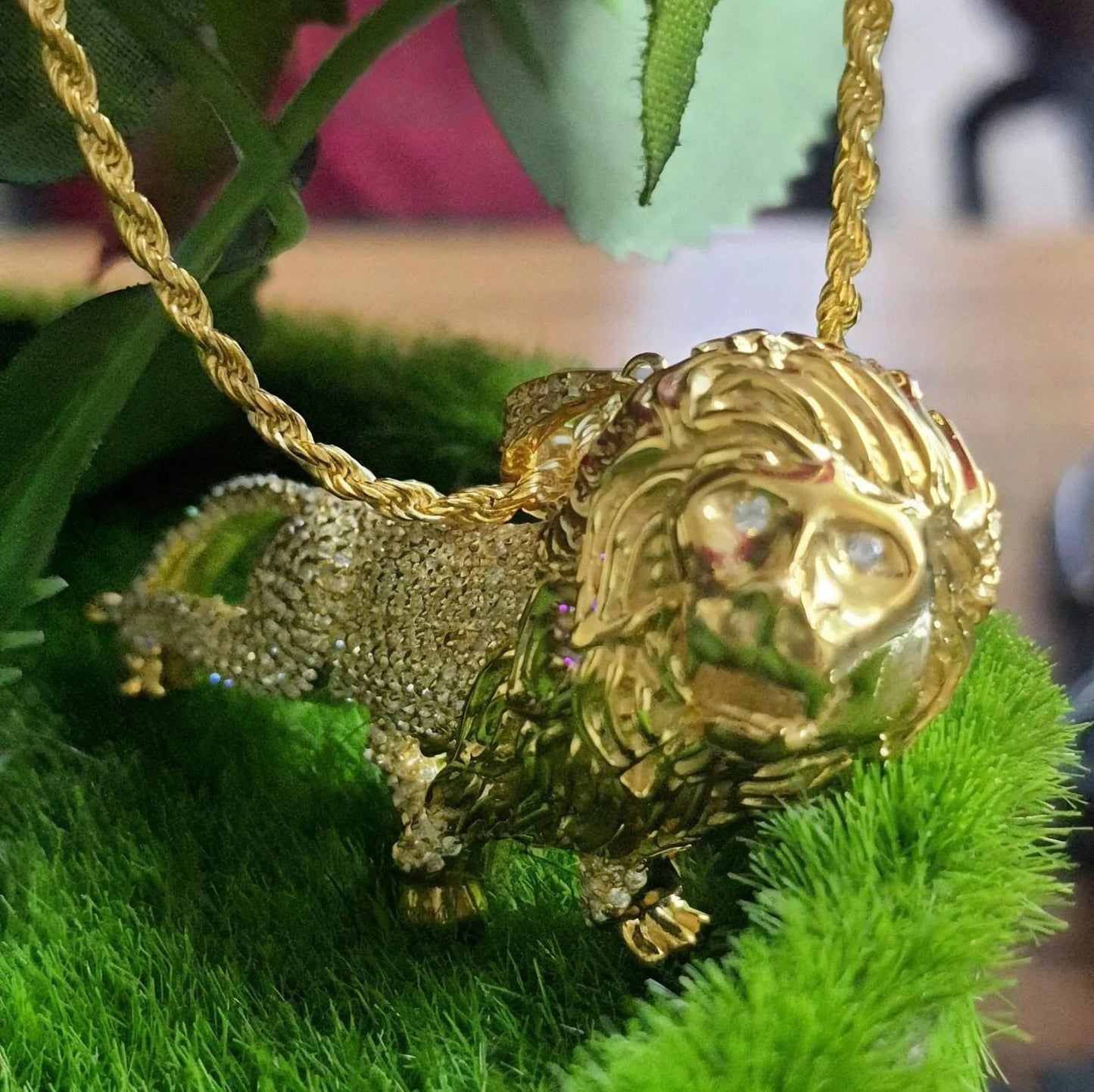 Round cut Custom Made King Lion Pendant Simulated Diamond , King Lion Hip Hop Multi Stone Pendant Free Chain 14k Yellow Gold Finish Pendant.