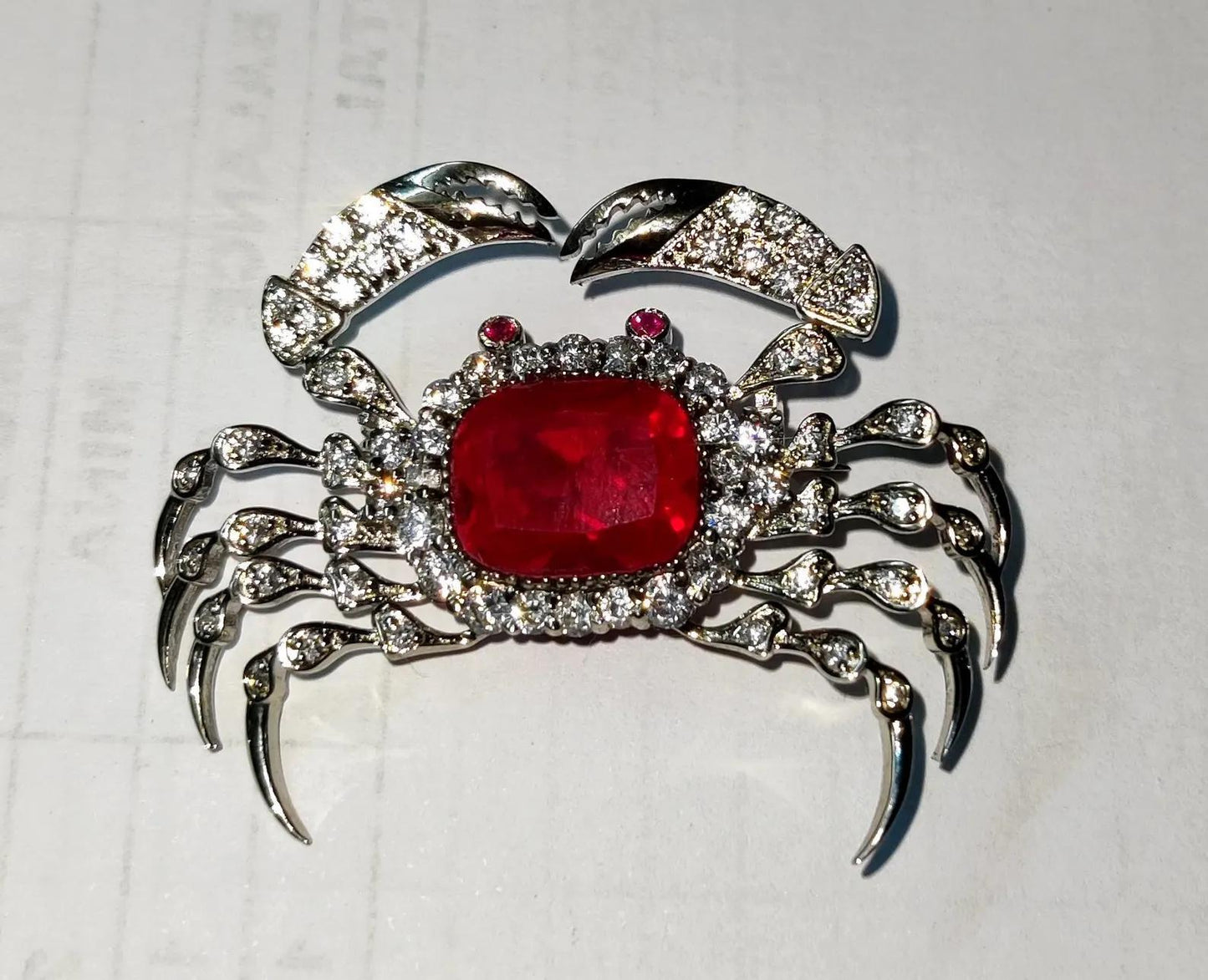 2Ct Diamond Brooch Pin, Crab Shape Brooch, Lab-Created Red Ruby Diamond 14K White Gold Plated 925 Sterling Silver, Special Occasion wear