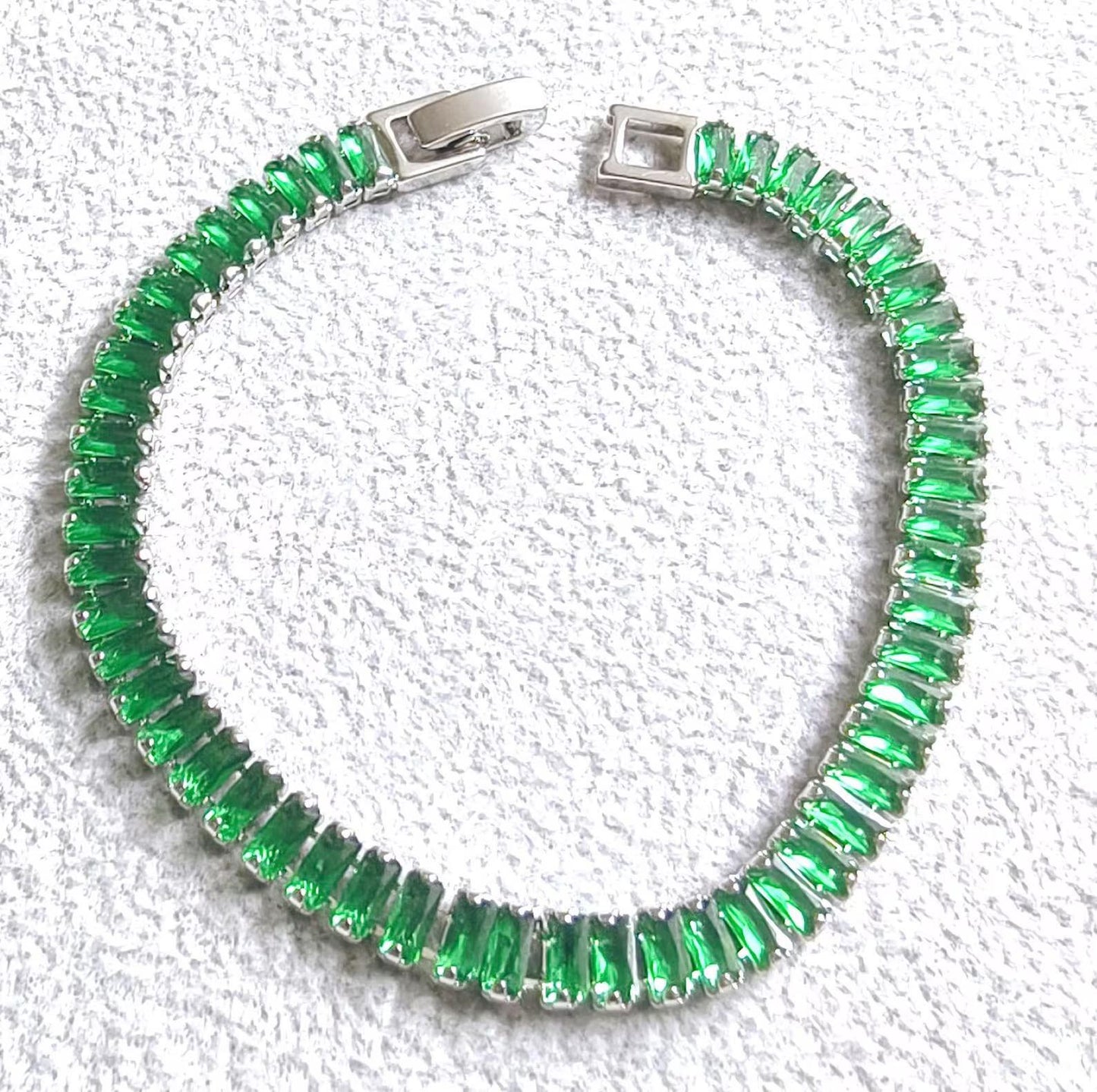12Ct Baguette Cut Green Emerald Lab-Created Green Emerald Tennis Bracelet 14K White Gold Plated Diamond Bracelet Size 7.5" Inch 925 Silver