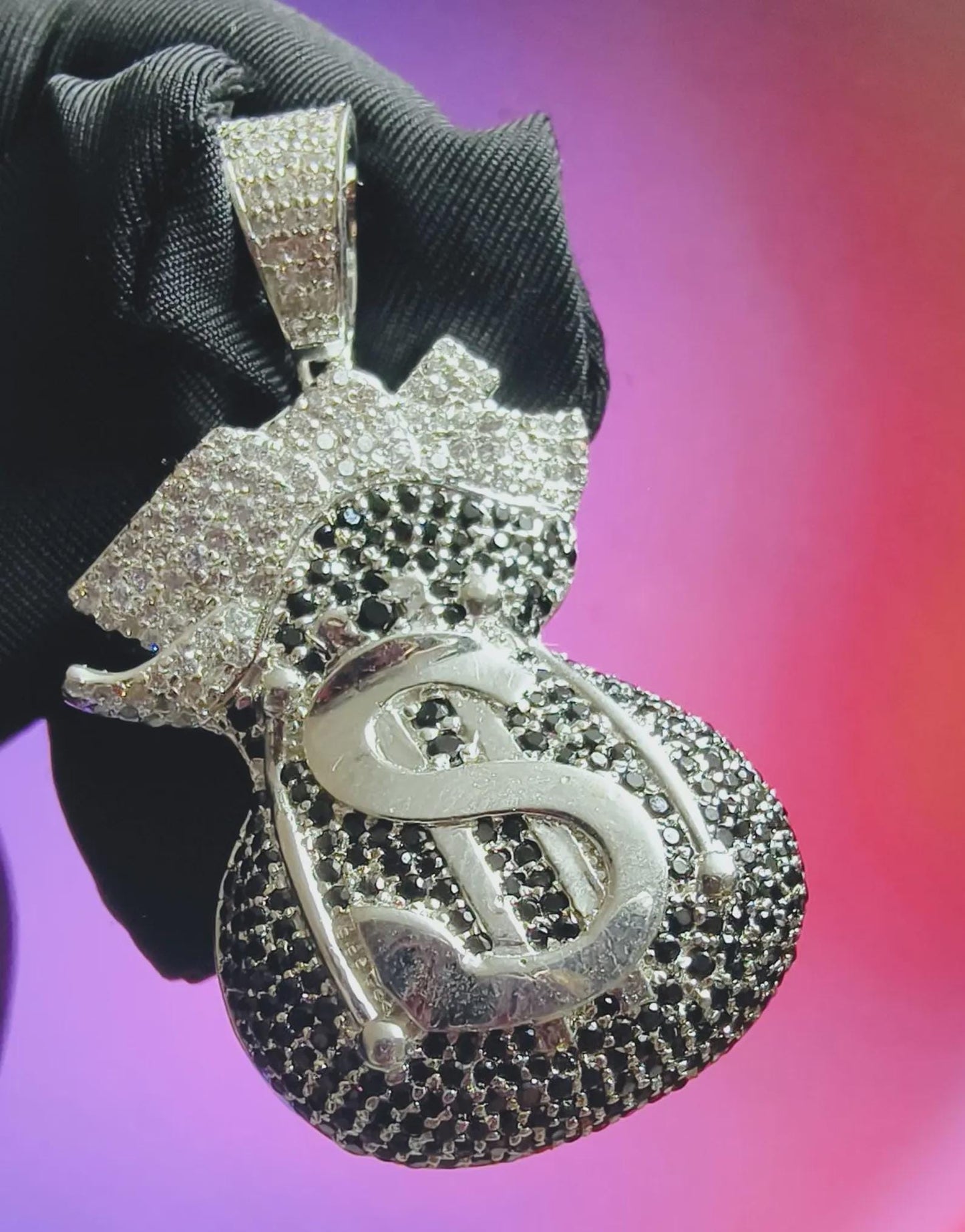 3Ct Round Cut Simulated White Diamond, Black Spinel Dollar Money Bag Pendant 14K White Gold Plated 925 Silver, Hip Hop Pendant