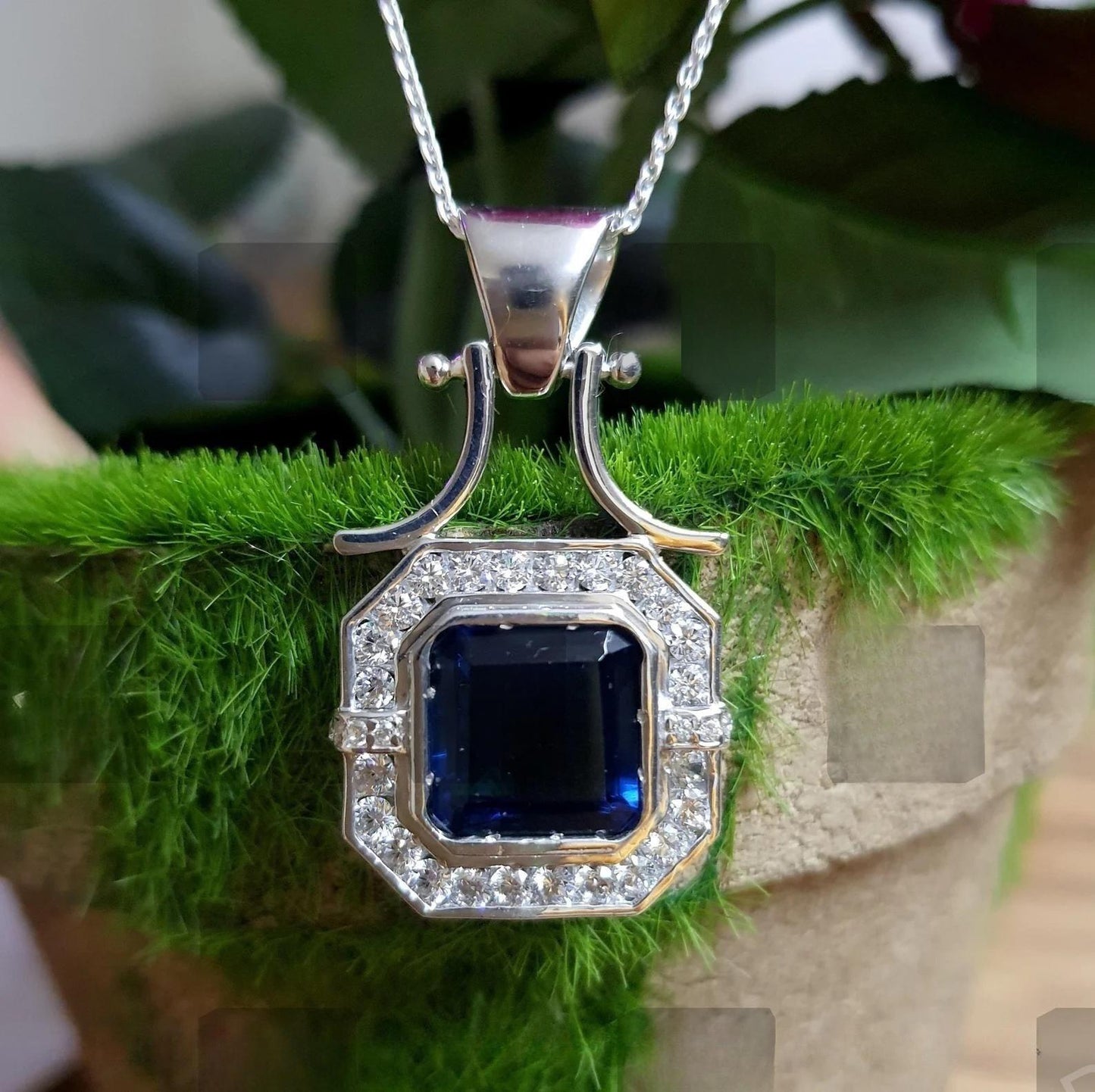 3Ct Asscher Cut Blue Sapphire Round Cut Diamond Halo 14K White Gold Finish Pendant Necklace For Girls With Free Chain