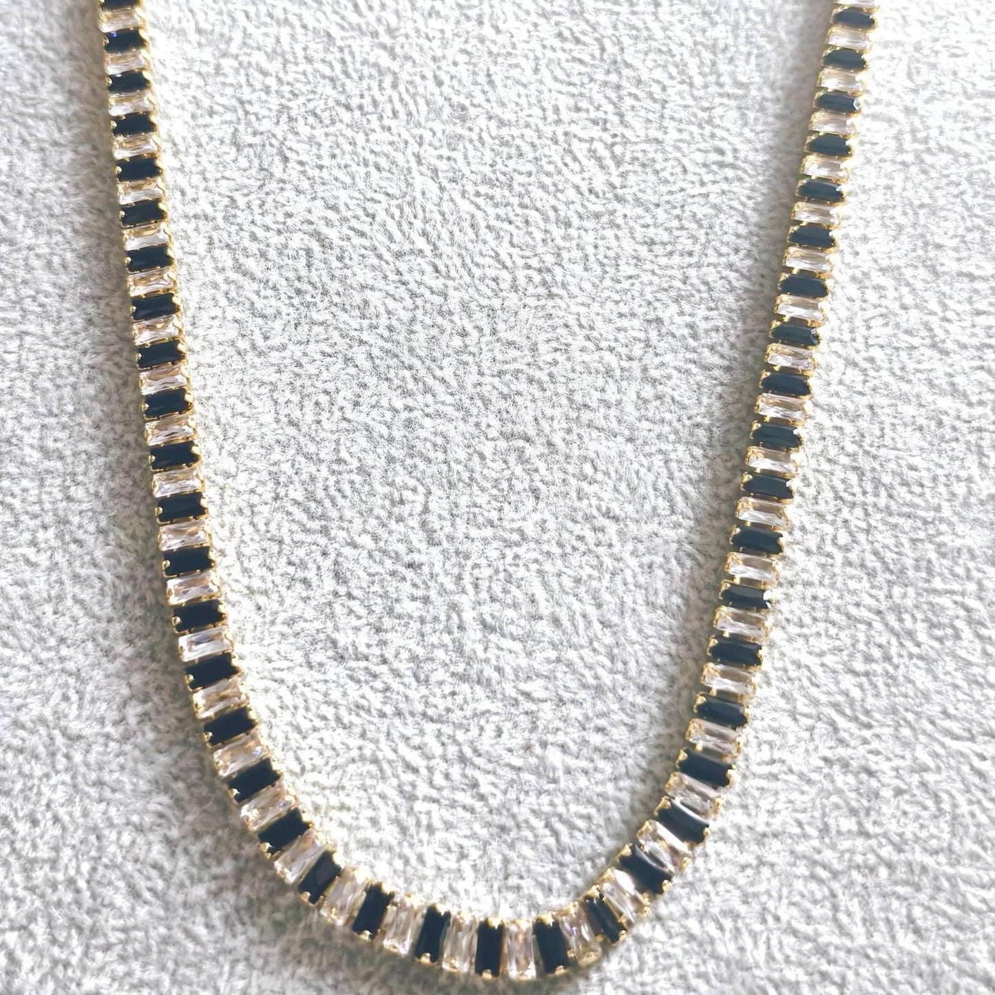 14Ct Radiant And Baguette Cut White & Black Lab-Created Gemstone Tennis Necklace 14K Yellow Gold Plated Necklace Tennis Necklace Size 19" In