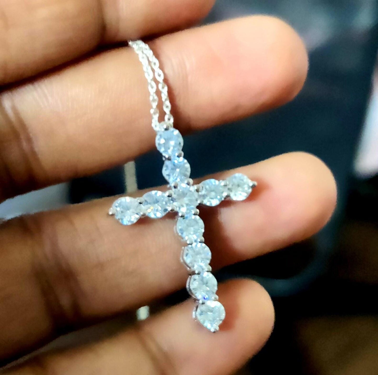 1.50Ct Round Cut Fancy VVS1 Diamond Cross Pendant 14k White Gold Plated- 925 Silver Free Chain