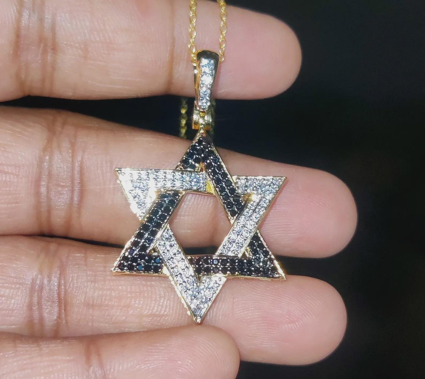 Round Cut Simulated Black and White Diamond Star of David Pendant 14K Yellow Gold Plated Pendant Gift