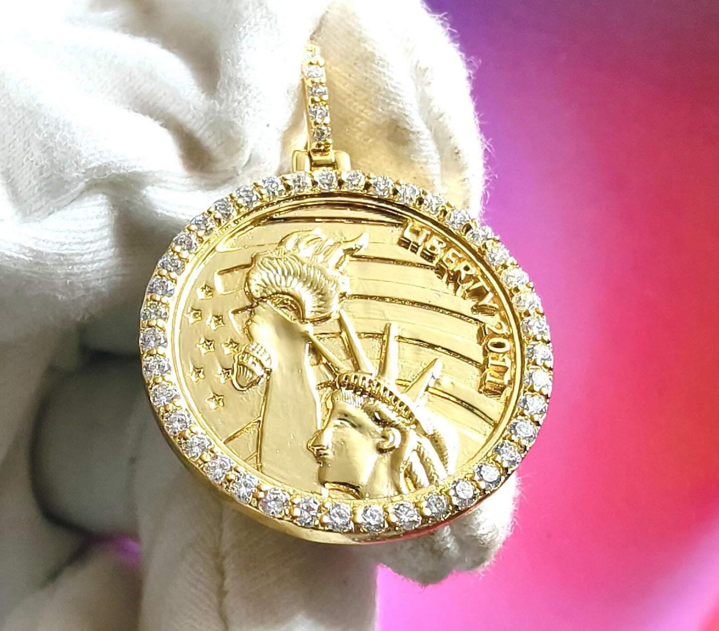 1Ct Round Cut Moissanite Pendant  Liberty Coin Pendant Necklaces Pendant 14K Yellow Gold Over Moissanite Liberty Pendant