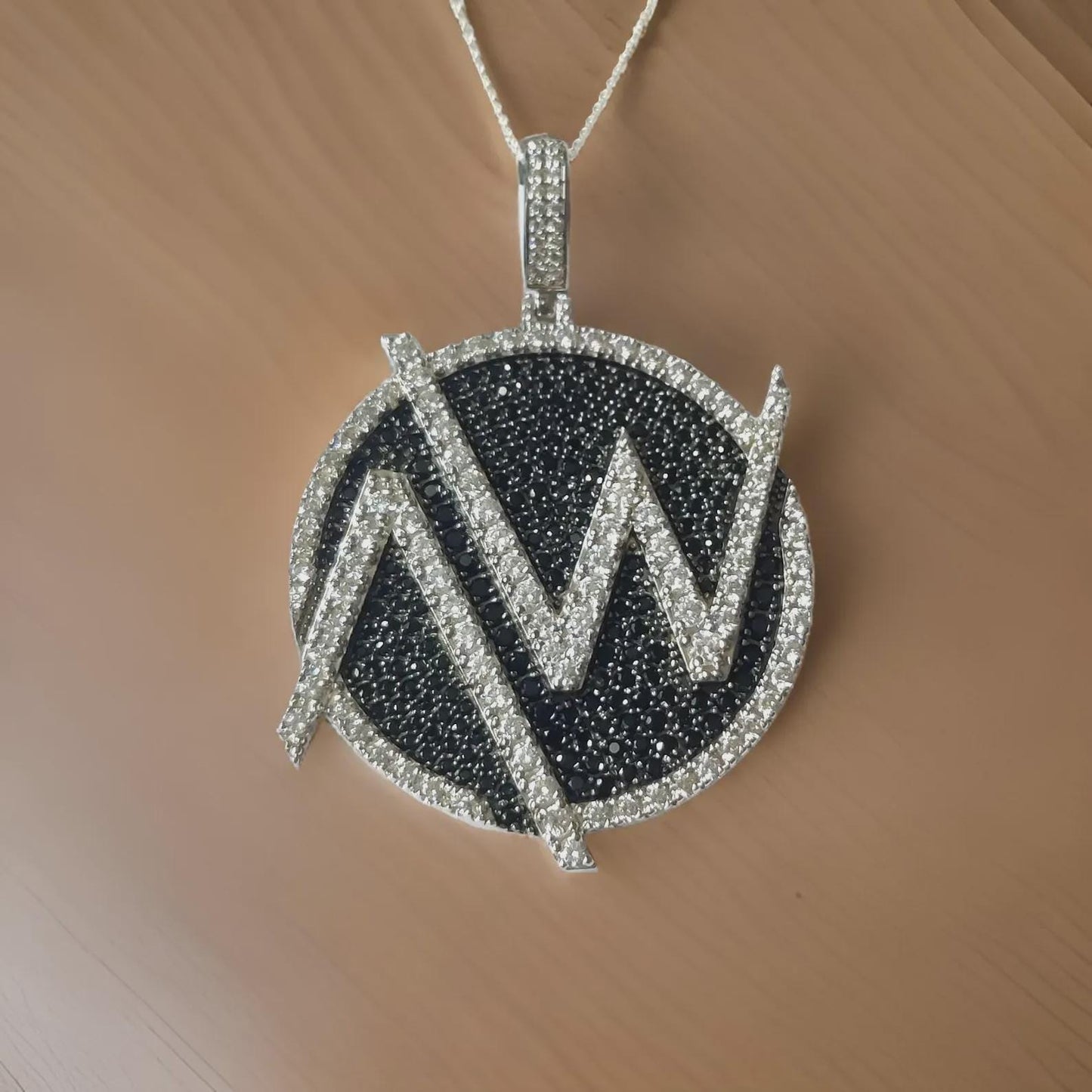 4Ct Diamond Round Cut Lab-Created Black Diamond Cluster AW Circle Pendant 14K White Gold Finish Hip Hop Alphabet Circle Diamond Pendant